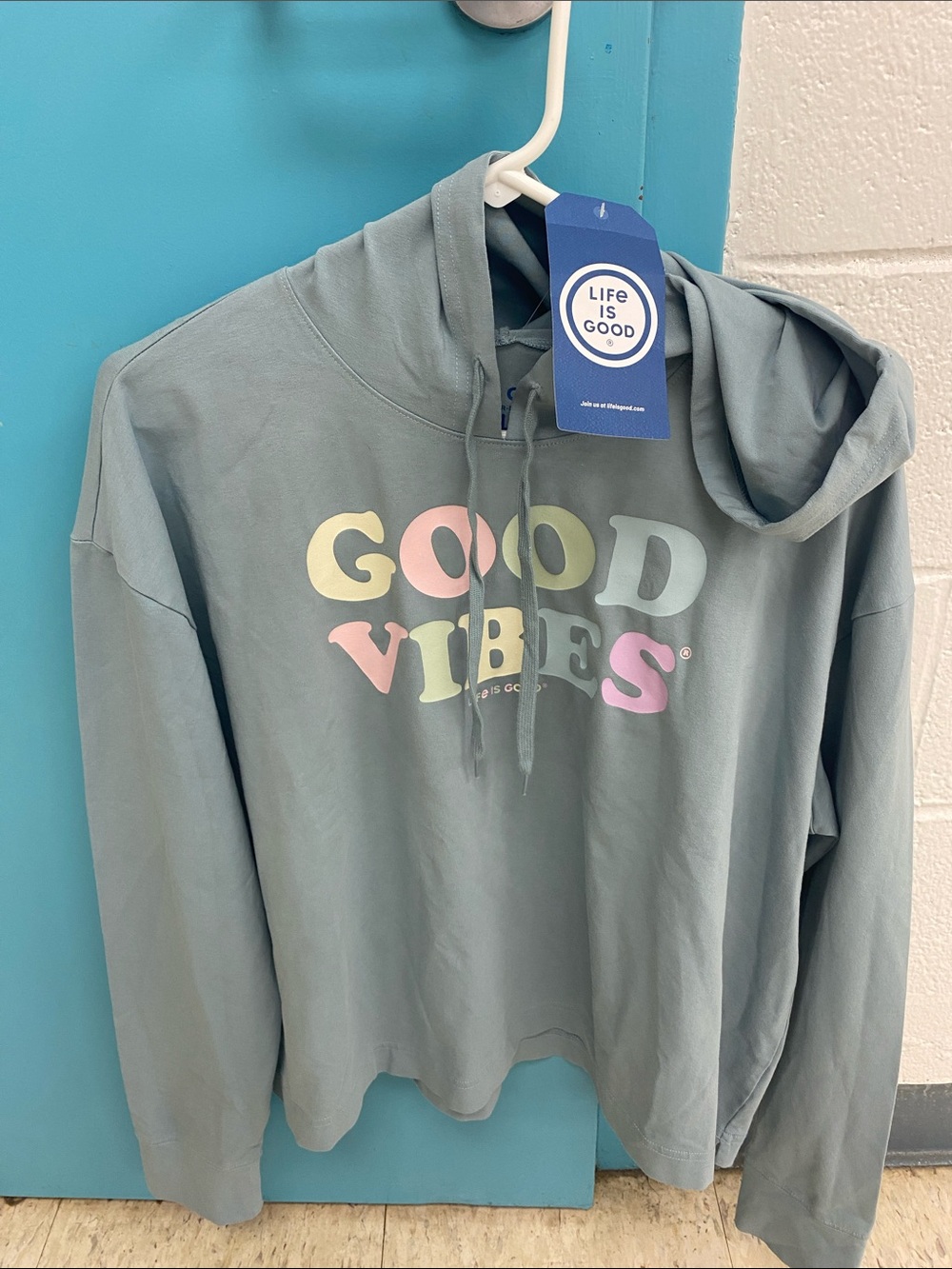 Life Is Good Sage Pullover Hoodie with Pastel 'GOOD VIBES' Print